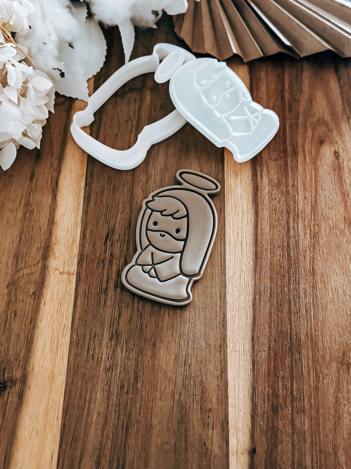 Joseph (Christmas Nativity) cookie stamp and cutter by O'Khach, shown stamped in fondant