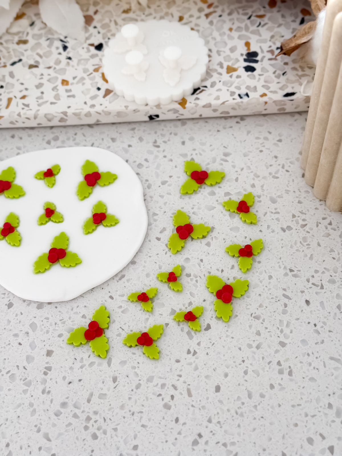 Mistletoe mini fondant decorations made with the Two Tone Press mould