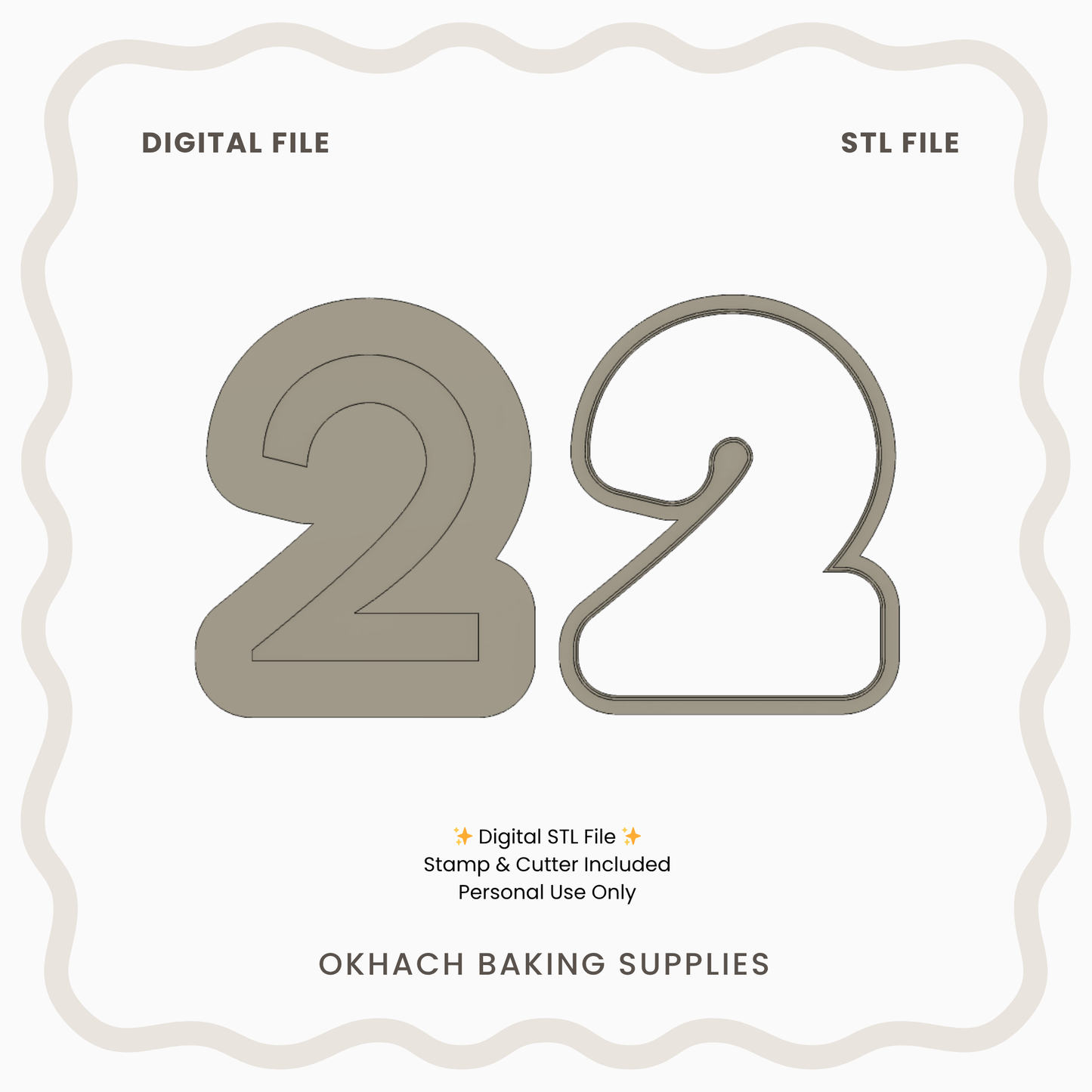 Digital and STL files for a number '2' design by OKHACH Baking Supplies.