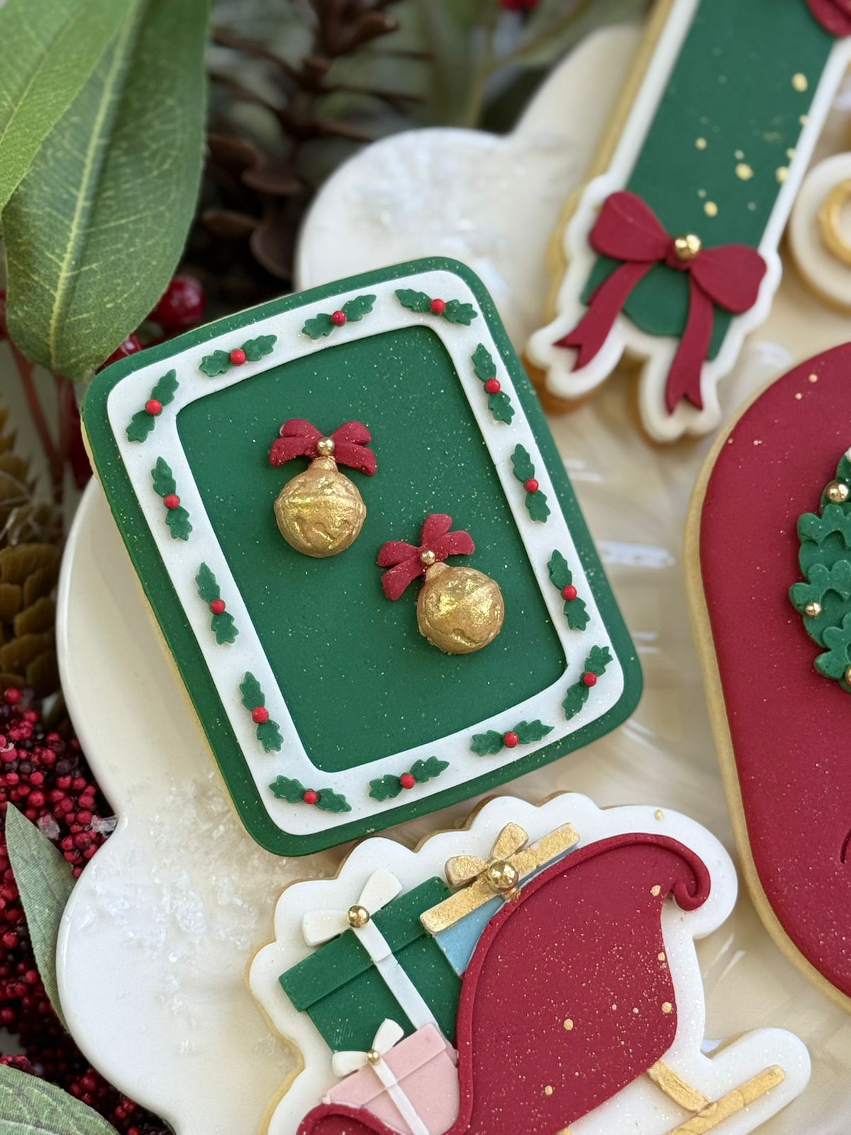 Rectangle Mistletoe Frame design stamped in fondant to show the finished cookie