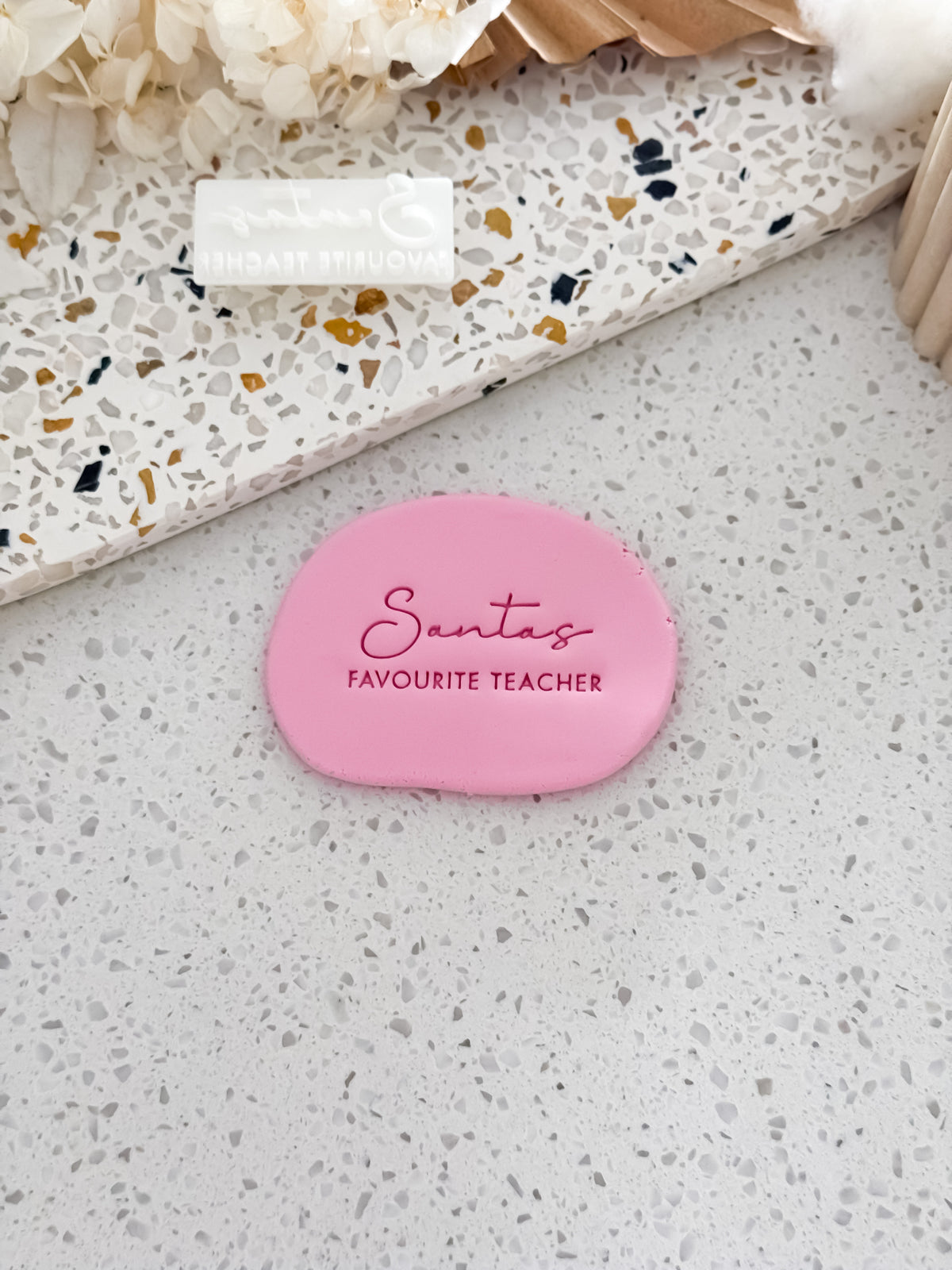 Santa's Favourite Teacher Christmas cookie stamp by O'Khach, shown stamped in pink fondant