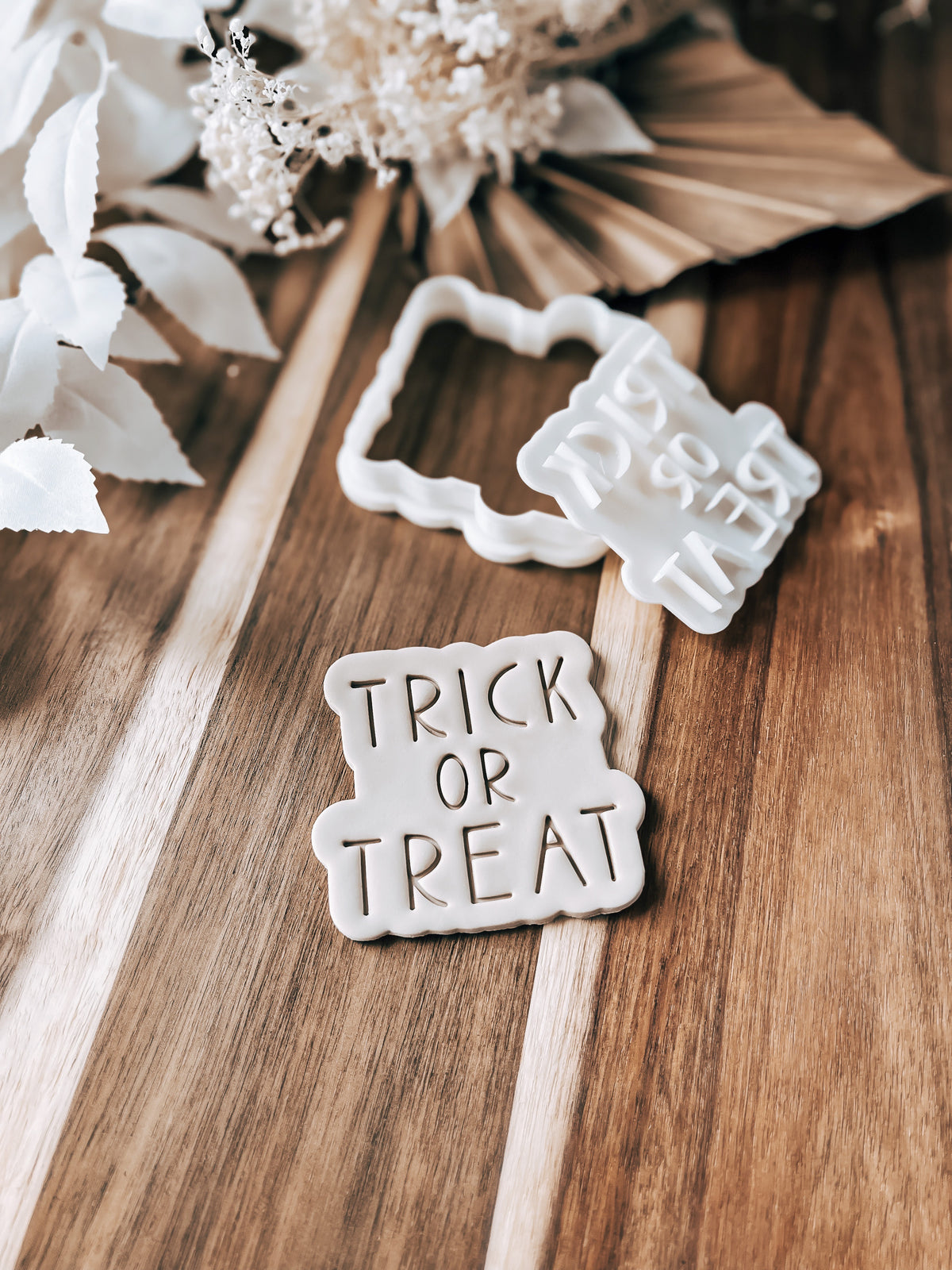 Trick or Treat Halloween cookie stamp and cutter by O'Khach, shown stamped in fondant