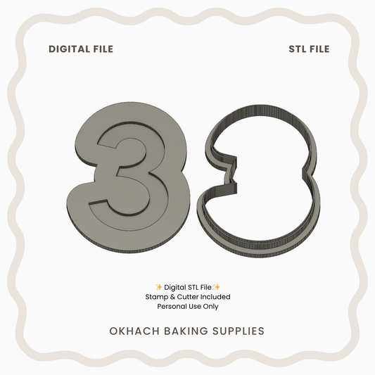 Number 3 Cookie Cutter & Stamp – Digital STL File for 3D Printing