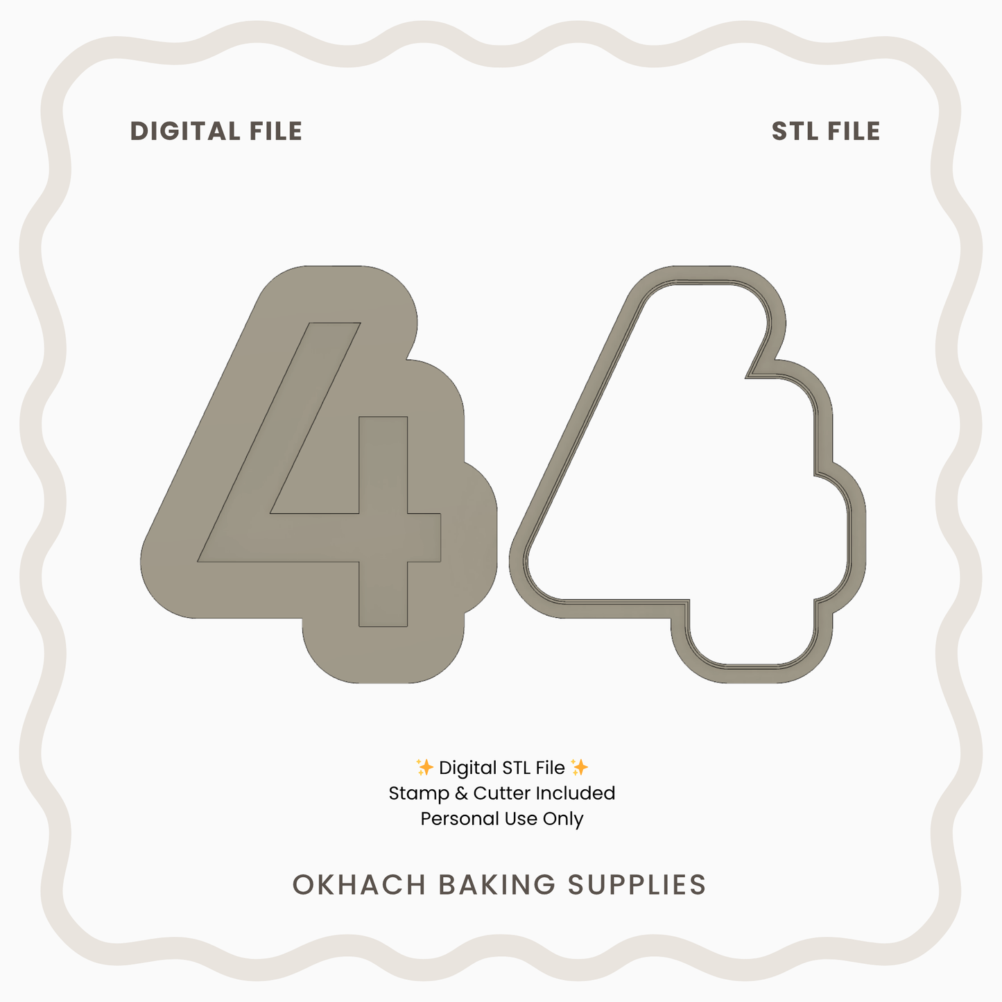 Number 4 cookie cutter design with digital and STL file options on a white background.
