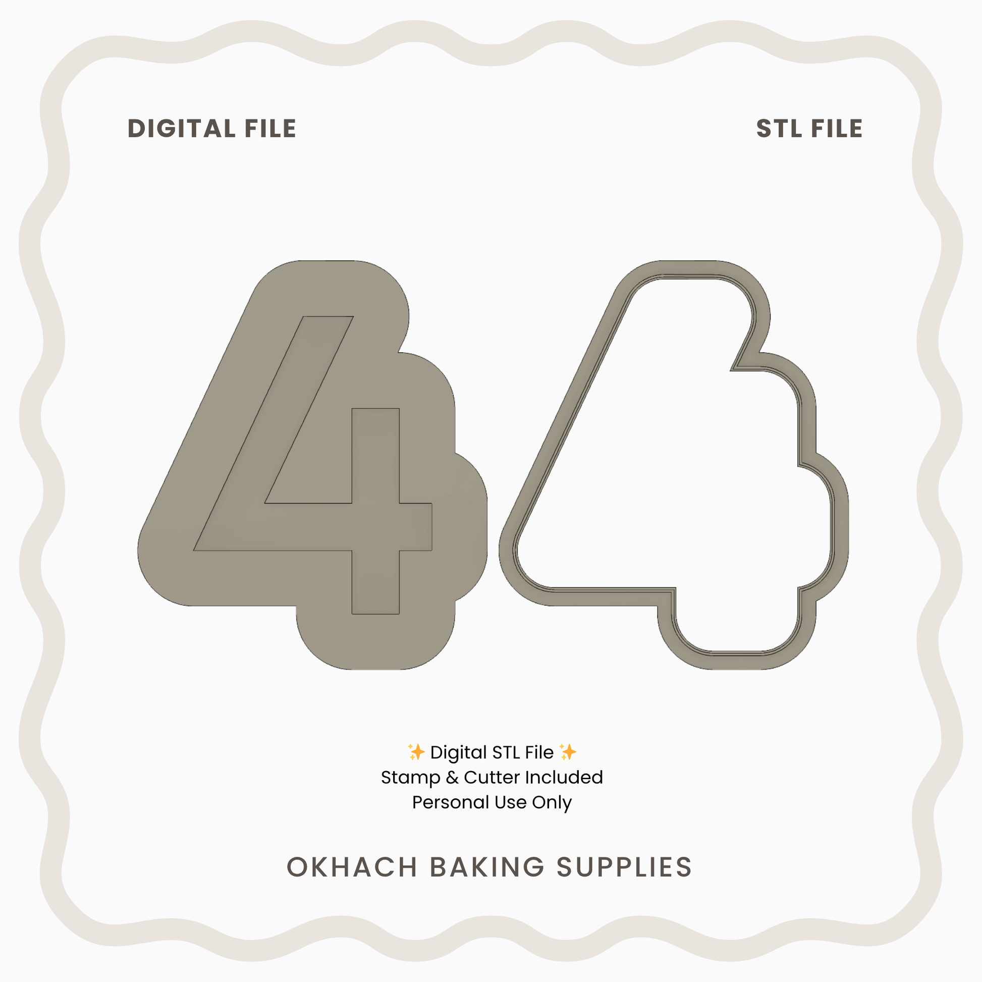 Number 4 cookie cutter design with digital and STL file options on a white background.
