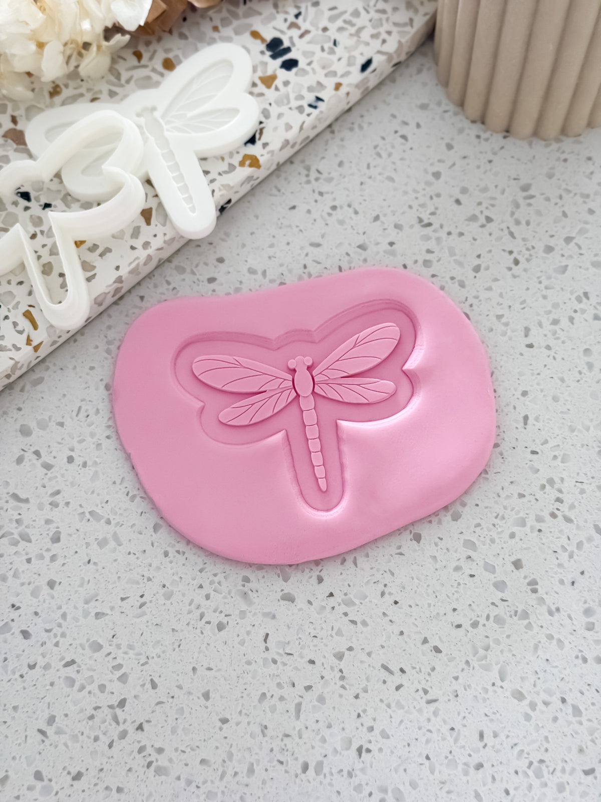 Dragonfly cookie stamp and cutter by O'Khach, shown stamped in fondant