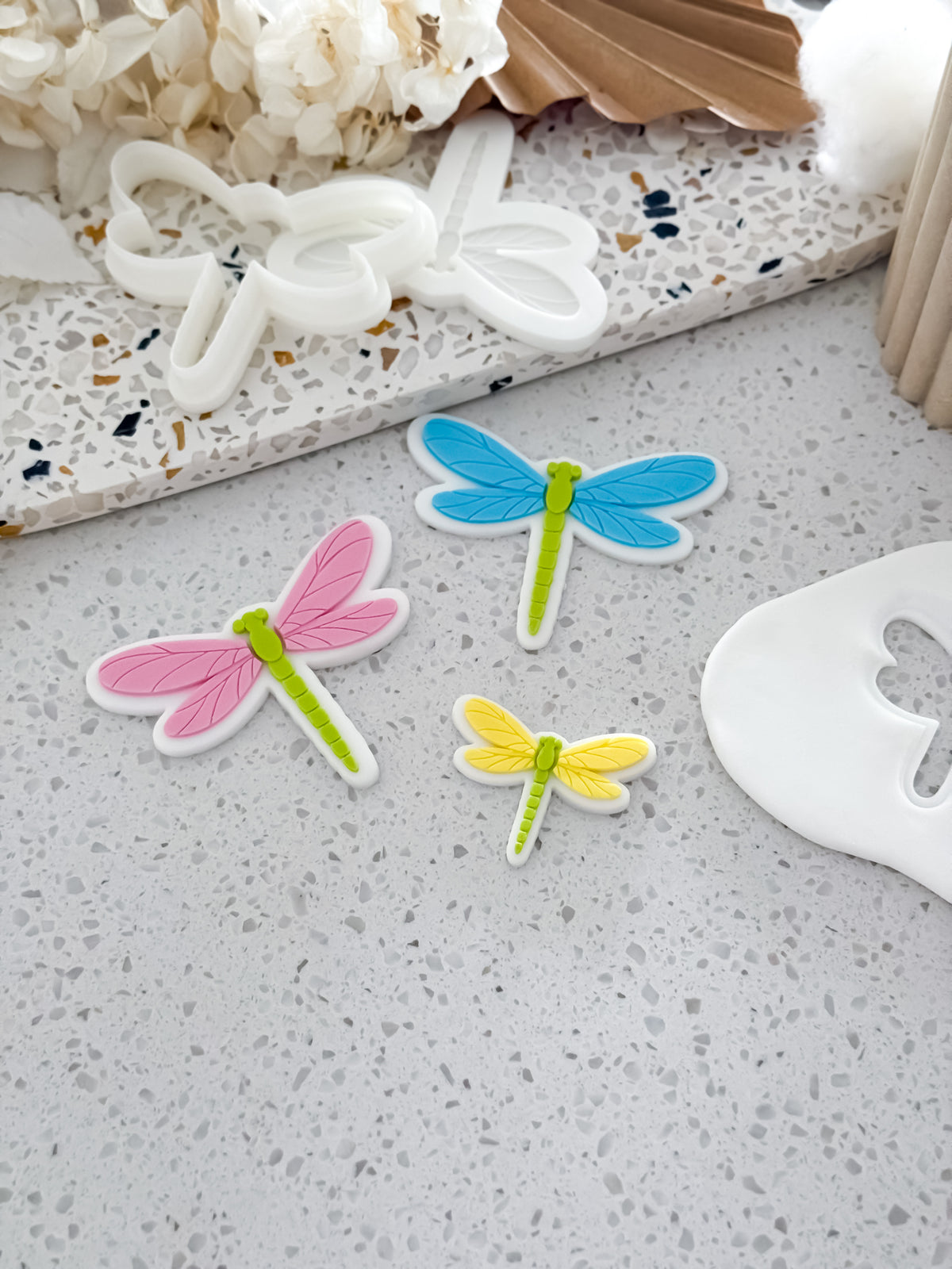Dragonfly fondant cookies in standard and mini sizes made with O'Khach dragonfly stamps and cutters