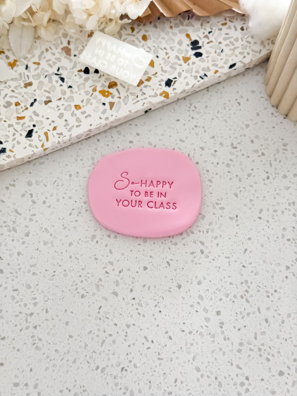 So Happy to Be in Your Class teacher cookie stamp by O'Khach, shown stamped in pink fondant